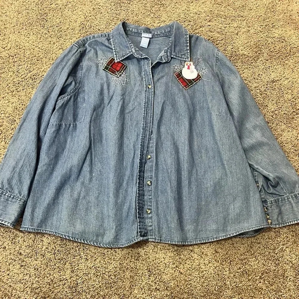 Vintage Shirt Women 3XL Denim Christmas 
 Jean‎ Embroidered Snowman holiday